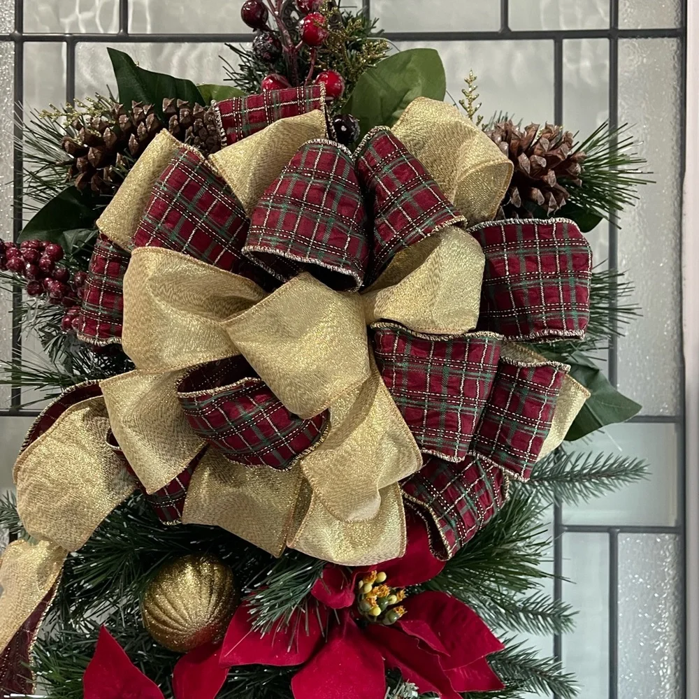 **Burgundy Poinsettia Christmas Teardrop Swag Wreath Front door